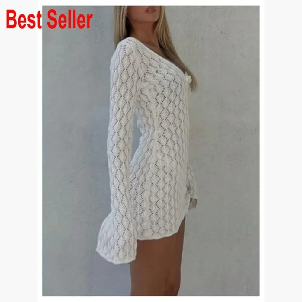 Crochet Mini Dress Swimsuit Coverup Long Sleeve Beach Cover Up